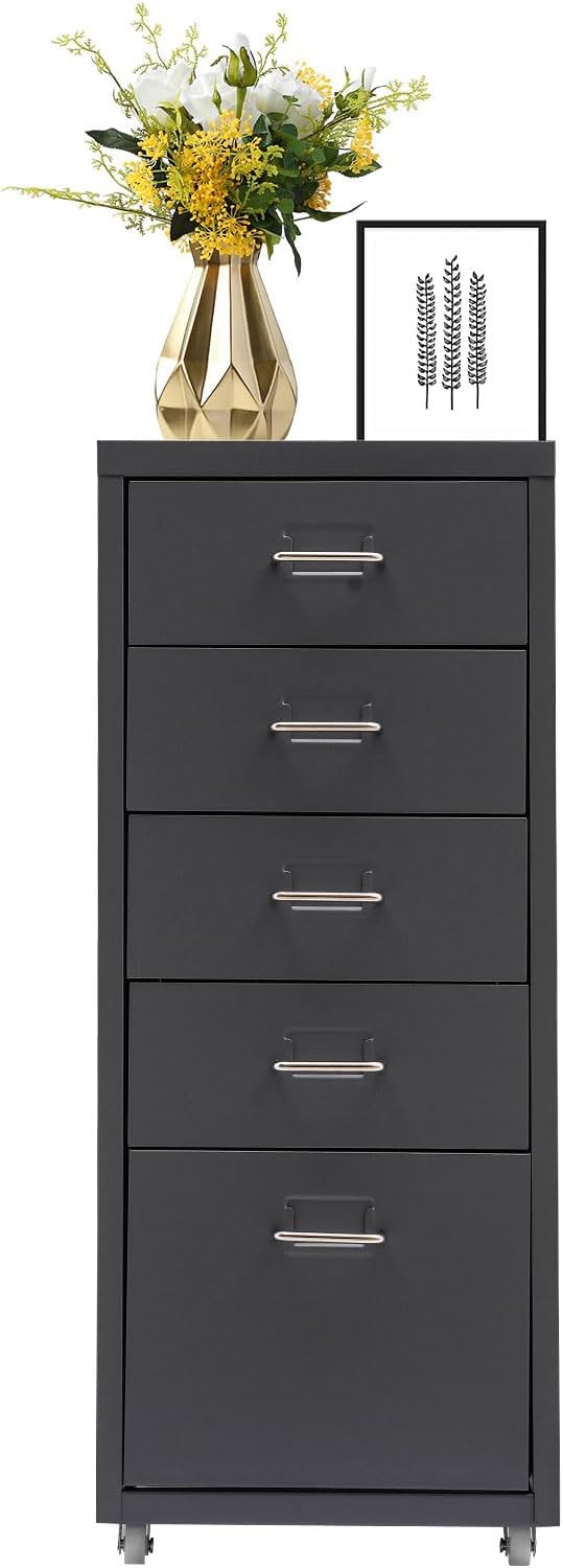5 Drawer Vertical Metal File Cabinet, Multi-Layer Metal Drawer Filing Cabinet with Wheels and Locks, Mobile Office Cabinets with Vertical Rolling Storage Suitable for Home Office, Black