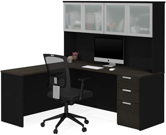 Bestar Pro-Concept Plus 72W L-Shaped Desk with Pedestal and Frosted Glass Doors Hutch in deep Grey & Black