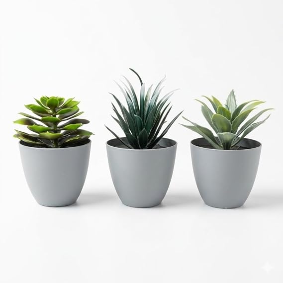 3’lü Mini Yapay Çiçek Sukulent Seti, Saksılı Yapay Sukulent Bitki, Dekoratif Masaüstü Mini Bitkiler, Ev ve Ofis Dekoru, 8 cm