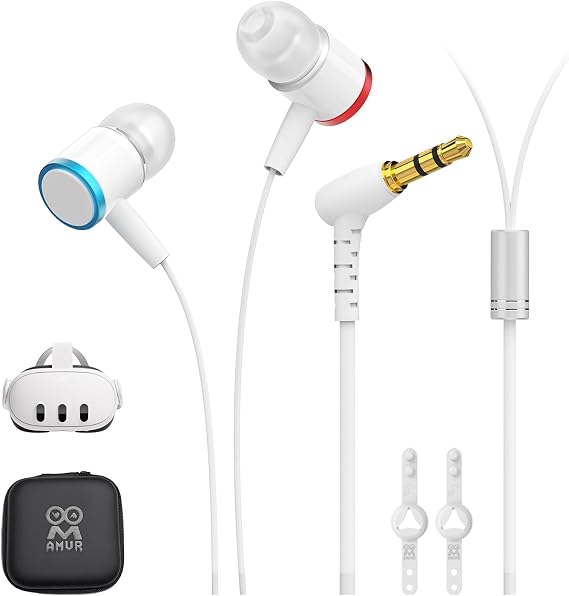 AMVR Noise-Isolating in-Ear Headphones Compatible with Meta Quest 3 - VR Accessories Low Bass Earphones with Custom Silicone Earplugs and Strap Holder | Enhance 360-Degree Surround Sound