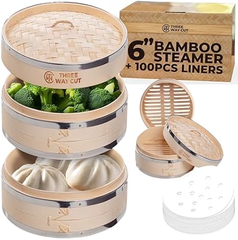 Three Way Cut 6 Inch Dumpling Bamboo Steamer 2 Tier - Steel Reinforced, 100PCS Liners, Round, Natural