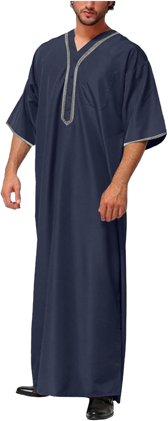 Muslim Thobe for Men Middle East Islamic Robes Saudi Arabic Long Gown Dress Half Sleeve Clothing Ramadan Jubbah Shirt