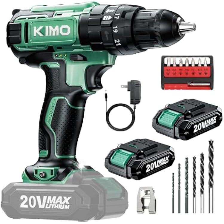 KIMO Cordless Hammer Drill Set with 20V 2.0Ah Battery 2 Packs, 213 Position, 0-1350 RPM, Max 350 In-lb Torque, 38 Keyless Chuck, 14pcs Accessories, Power Drill for Drilling Wood Bricks Walls Metal