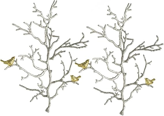 T2 Concept Set of 2 Silver and Gold Bird Branch Hanging Sculptures, Aluminum Wall Art Decor, Transitional Style, for Living Room, Bedroom, Entryway, 17 x 22