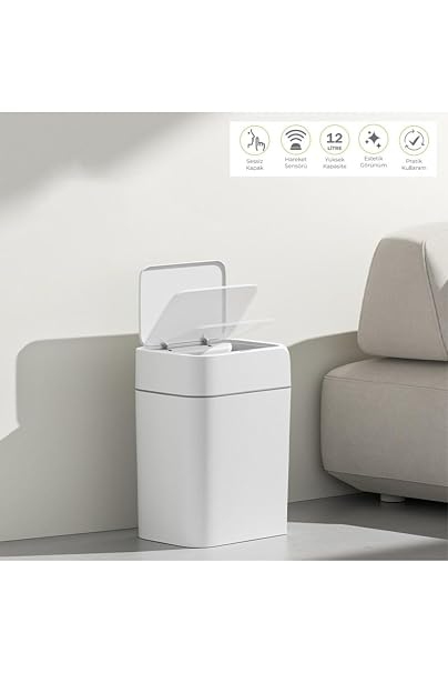 12 Litre Sensörlü Çöp Kovası, Beyaz, Ofis Mutfak Banyo