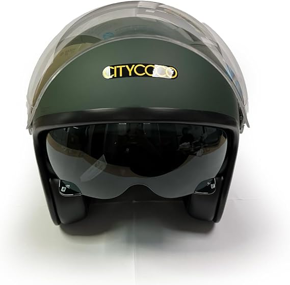 Citycoco Motosiklet Yarım Kask , Mat Yeşil, Çift Vizörlü, Vintage Stil, Terletme Yapmaz Pedler -XL Beden