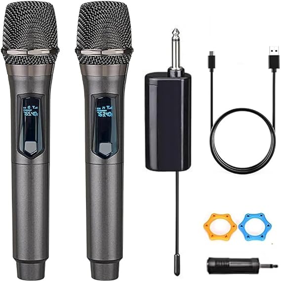 Wireless Dual Microphone,Handheld Dynamic mic,Karaoke Singing, Weddings DJ,Party, Church, Classroom use, 200 feet, Gray.(2 Versions Randomly Shipped)