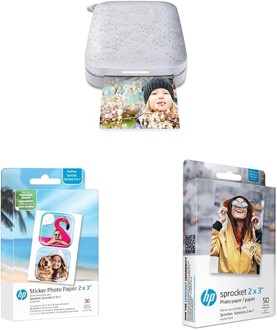 HP Sprocket 2nd Edition Portable Photo Printer Sprocket Premium Zink Sticky Back Photo Paper (50 Sheets) Sprocket Pre-Cut Sticker Photo Paper