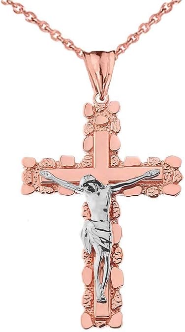 Fine 14k Two-Tone Rose Gold Nugget Crucifix Cross Pendant Necklace (2.6")