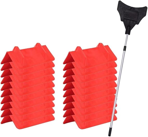 Mytee Products Cargo Edge Corner Protector Kit - 20Pcs 4"x11" Red V-Shaped Flatbed Corner Protectors for Cargo Loads & 1Pc 8 Ft V Shaped Extension Handle for Easy Placement