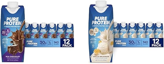 Pure Protein Chocolate and Vanilla Protein Shakes, 30g Protein, 11oz Bottles, 12 Pack Bundle
