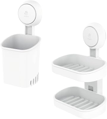 LEVERLOC Toothbrush Holder and Soap Holder Suction Cup Wall Mounted Drill-Free for Bathroom Shower Removable Waterproof Sturdy Self Draining, Tableware Holder for Kitchen