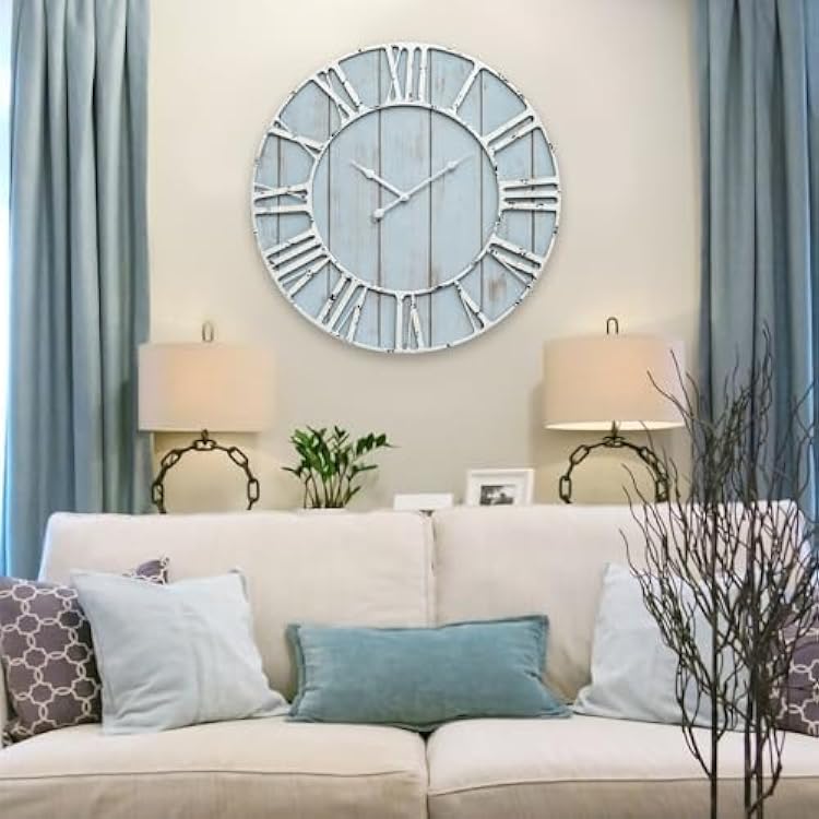 EMAX HOME Large Farmhouse Wall Clock 24 Inch Vintage Blue Wooden Wall Clock with Quiet Ticking and Minimalist Roman Numerals for Bedroom Living Room Office Kitchen Home Decor, Battery Operated
