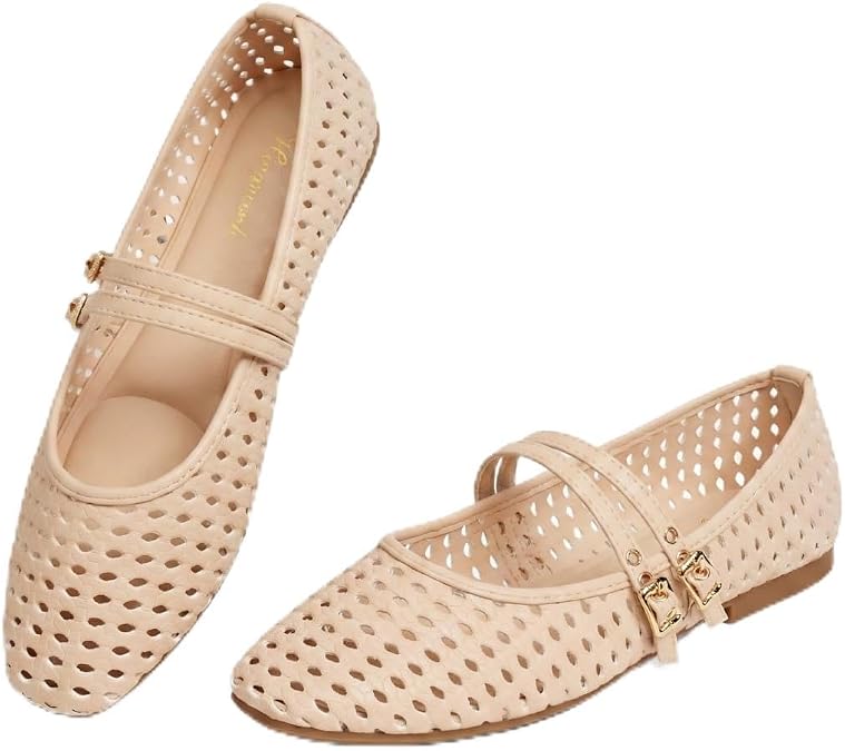 Double Straps Woven Mary Jane Flats Women,Beige6.5 | Breathable Mary Jane Shoes Women,Flat Shoes Dressy Casual Comfortable,Slip Resistant,Flats Shoes for Work Office Business