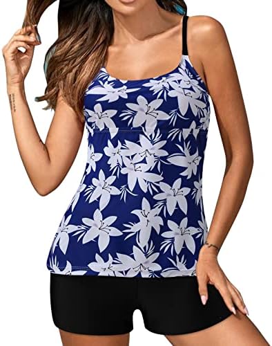 Tankini Swimsuits for Women Summer Casual High Waisted 2 Piece Swim Tops with Shorts Athletic Floral Print Swimwear
