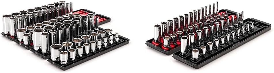 TEKTON 1/2" & 1/4" Drive 6-Point Socket Sets with Rails, 78 & 50-Piece (3/8-1-5/16 in., 10-32 mm & 5/32-9/16 in., 4-15 mm) | SHD92215 & SHD90215