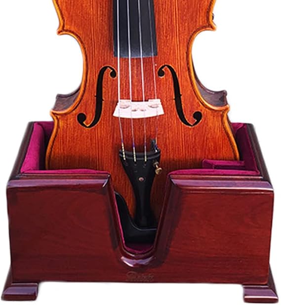 Premium Violin Burgundy Solid Wood Stand and Bow Holder Velvet Plush Cushions 4/4 Full Size