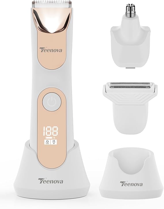 Manscape Body Hair Trimmer for Men, No Nick Pubic Bikini Trimmer for Women, 3 in 1 Versatile Groin Shaver with Nose Hair Trimmer, Cordless Dock Charging, LED Display, Wet/Dry