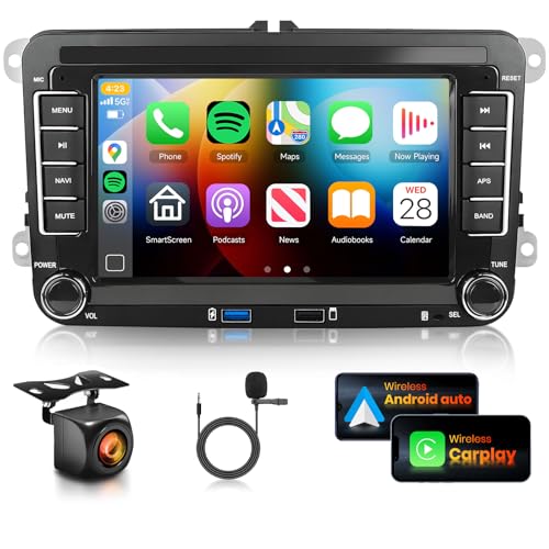 2G64G Android Car Stereo with Wireless CarPlay Android Auto for VW Passat Jetta Golf TOURAN SEAT, Podofo 7inch HD Touchscreen Bluetooth Radio with Two USB GPS WiFi HiFi Audio SWC AHD Backup Camera
