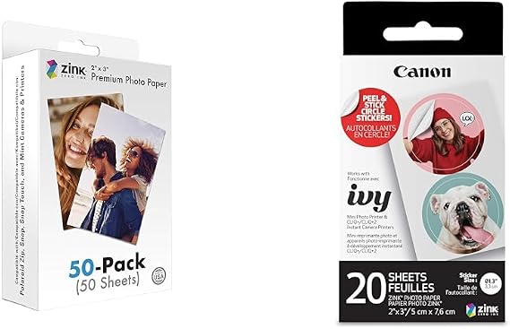 Zink 2"x3" Premium Photo Paper (50 Pack) + Canon IVY Circle Sticker Paper (20 Sheets) Compatible with Polaroid and Canon Printers