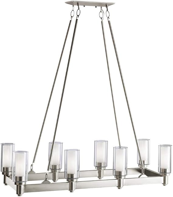 8 Light Modern Linear Chandelier Contemporary Pendant Lights Kitchen Island Hanging Light Fixture for Dining Room Over Table Bar Restaurant Office Brushed Nickel and Clear Glass