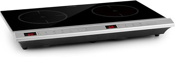 Klarstein MisterCook Duo Hob Infrared Hob - 2 Cooking Zones, 3000W, 10 Power and Temperature Levels, 90-650C, Timer, Touch Condition, Overheating and Surge Protection, Silver