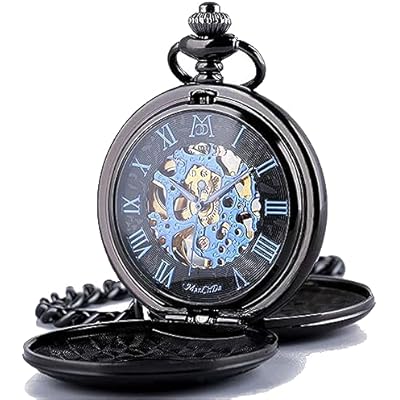 ManChDa Mechanical Roman Numerals Dial Skeleton Pocket Watches with Box and Chains for Mens Women