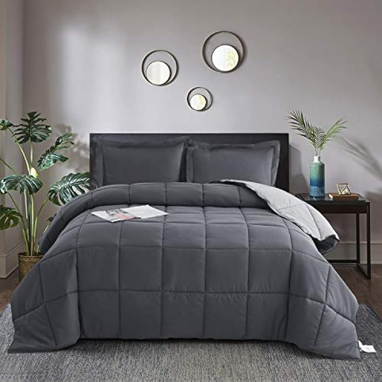 HIG 3 Pieces Grey California King Comforter Set, Modern Breathable Box Stitched Duvet Insert with 2 Shams, Soft Fluffy All Season Reversible Comforter Set Blanket with Corner Tabs for Bedroom