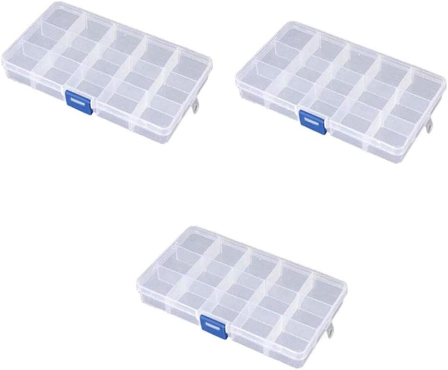 3 Pack 15 Cell Clear Plastic Storage Organiser Compartment Craft Bead Box Case Nail Art Gem Bits Small Screws Seperator Split Shot Unit Box Watch Screws Divider Custom Changeable Section Sectioned