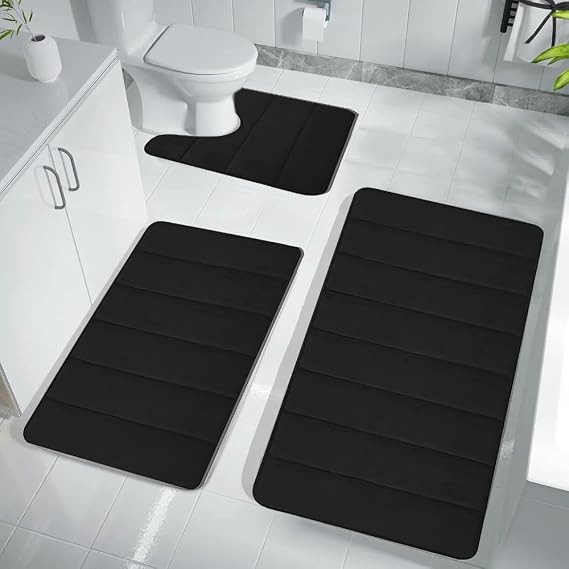 Ultra Water Absorbent Memory Foam Bathroom Rugs Set 3 Piece Non-Slip Backing | Pretty Jet-Black Color Quick Dry Thick Plush Pile Luxury Cozy Underfoot Feel Washable Bath Mat Soft & Comfortable
