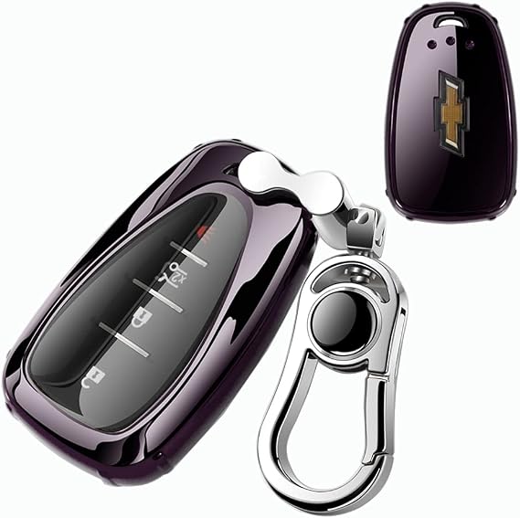 Chevy Key Fob Cover,Compatible with Chevrolet Chevy Malibu Camaro Cruze Spark Volt Sonic Trax Equinox Smart Car Key Soft TPU Case Shell Protector with Alloy Keychain Black