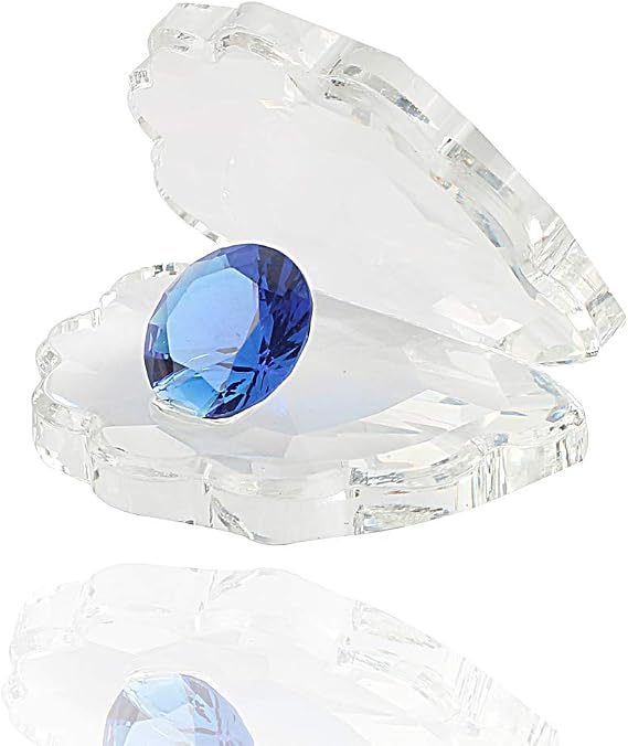 Hophen Crystal Glass Sea Shell Suncatcher Figurine Collectible Cute Oyster Sculpture Wedding Decoration (Blue Diamond)