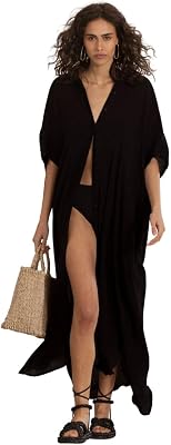 Gottex Womens Beach Life Button Front Cover Up Kaftan Style Maxi Dress with Short Sleeves Relaxed Fit Swim Essential
