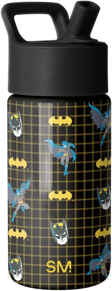 Simple Modern DC Comics Batman Kids Water Bottle with Straw Lid | 14oz Insulated Stainless Steel Kids Tumbler & Spill Proof Toddler Cup for School, Girls, Boys | Summit | Batman Icons