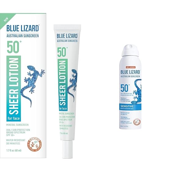 BLUE LIZARD Sheer Face Lotion SPF 50+ 1.7 Oz & Sensitive Mineral Sunscreen Spray SPF 50+ 5 fl oz Bundle