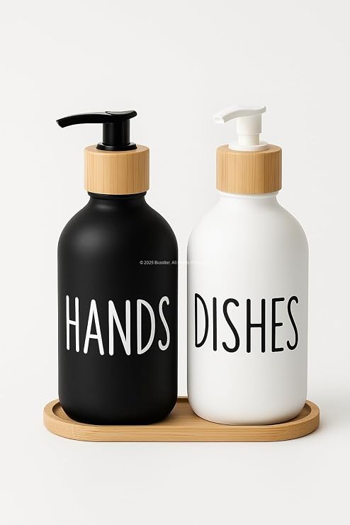 Busstier Bulaşık Deterjanlık ve Sabunluk Seti Bambu Tepsili Şık İkili Set Siyah Beyaz Modern Tasarım Kompozit Malzemeli Mutfak Tezgah Üstü Organizer (Silindir) [Enerji Sınıfı A++]