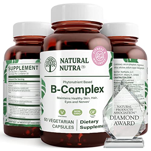 Natural Nutra Vitamin B Complex with Niacin, Folate, Thiamin, Biotin, Supports Nervous System Health, Promotes Metabolism, Skin, Eyes and Hair Health, Whole Food Supplement, 60 Vegetarian Capsules