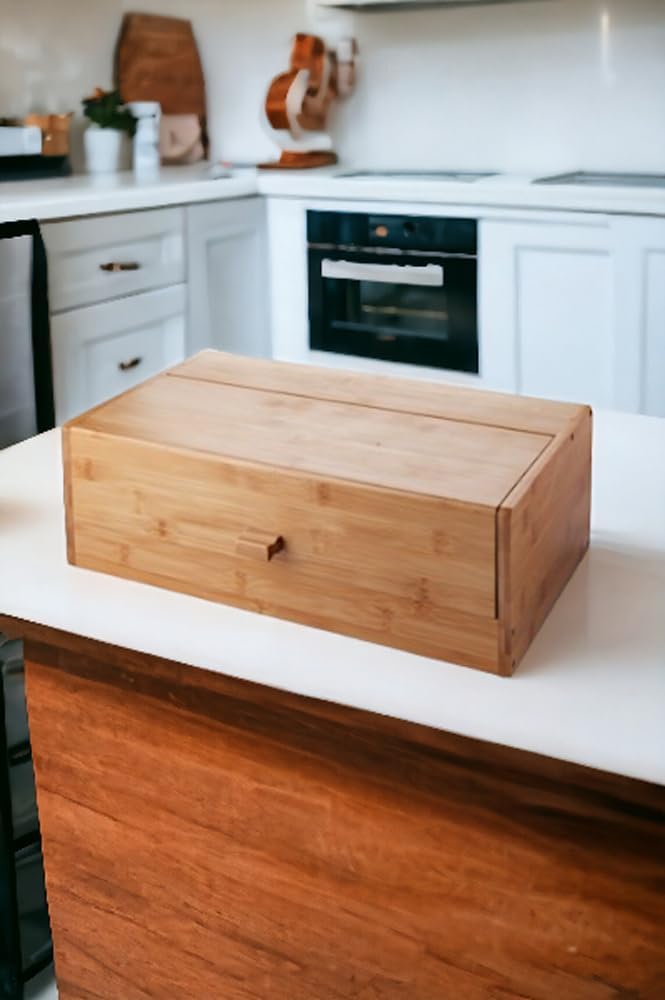 Deconox Bamboo Bread Box Bread Cabinet, Bread Basket Chest, Bread Holder, Multi-Purpose Bamboo Box 34cm 19.5cm 14cm