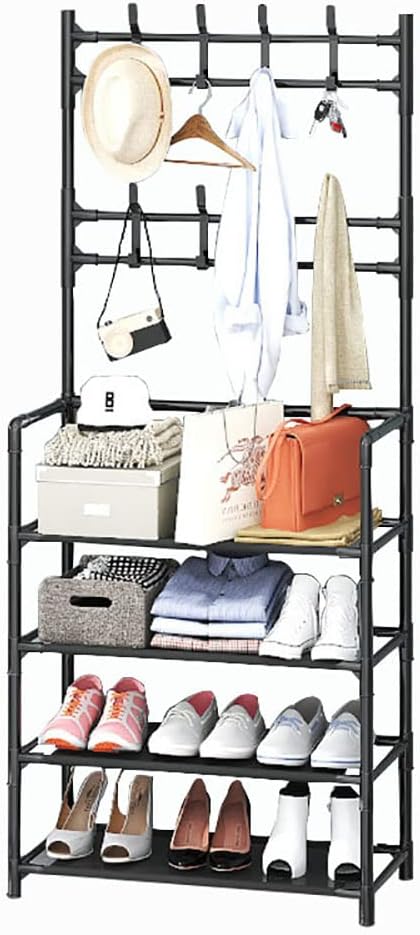 3 in 1 Multifunctional Shoe Rack,Coat Stand and Storage Shelf with 8 Hanging Hooks,Large Capacity Shoe Organizer Space Saving-A 60x29x158cm(24x11x62inch)