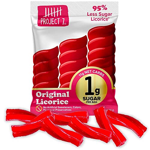 Project 7 Red Licorice Candy Keto Friendly & Vegan Candy with 1g Sugar & 11g Net Carbs Low Calorie Snacks for Kids and Adults Vegan Gummy Candy with no Sugar Alcohols, 8 Pack