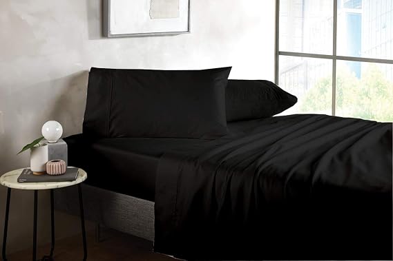 Luxury 4 Piece 100% Egyptian Cotton Sheets Short Queen Size - 1000 Thread Count, Sheets, 24" Deep Pocket Sheet Set, Breathable, Soft and Premium Cotton - Black Solid