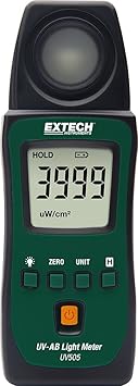 Extech UV505 Pocket UV-AB Light Meter - Compact Portable UVA/UVB Meter, Measures UV Intensity, Peak Hold, Min/Max, Backlit LCD, Field & Laboratory Sunlight Monitoring