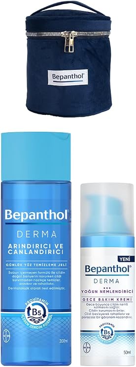 Bepanthol Derma Yüz Temizleme Jeli 200ml + Yoğun Nemlendirici Gece Bakım Kremi 50ml + Kadife Çanta Hediye