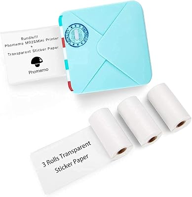 Phomemo M02S Mini Thermal Printer- Bluetooth Photo Printer with 3 Rolls Transparent Sticker Paper, Compatible with iOS  Android for Plan Journal, Study Notes, Art Creation, Work, Gift, Cyan