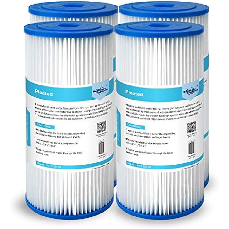 Membrane Solutions 20 Micron Pleated Water Filter Home 10x4.5 Whole House Heavy Duty Sediment Replacement Cartridge Compatible with ECP10-1,ECP20-BB,R50-BBSA,FXHSC,CB1-SED10-BB 4 Pack