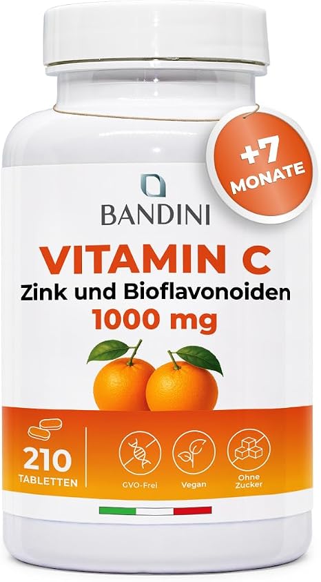 Bandini® Vitamin C 1000 mg + Zinc + Bioflavonoids 1 tablet per day | Immune system skin bones nails hair ascorbic acid zinc with pure vitamin C 210 tablets for 7 months supply