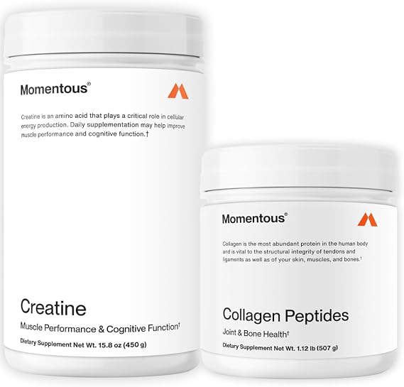 Momentous Creatine Monohydrate Powder & Grass-Fed Collagen Peptides Powder Stack - Supports Strength, Lean Muscle, Recovery - FORTIGEL & Vitamin C for Hair, Skin, Nails, Joint Health Support