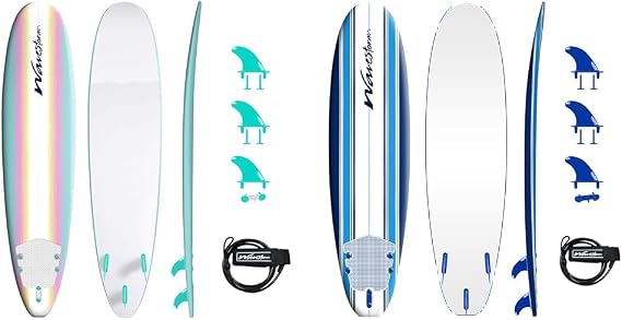 WAVESTORM Classic 8ft and 7ft Soft Top Foam Surfboards Beginner All Level Surfer Sets with Accessories Leash and Fins