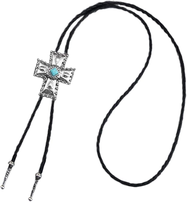 Western Bolo Tie Faux Leather Rope Necklace with Metal Crosses Stone Pendant Cowboy Jewelry Necktie for Men and Women