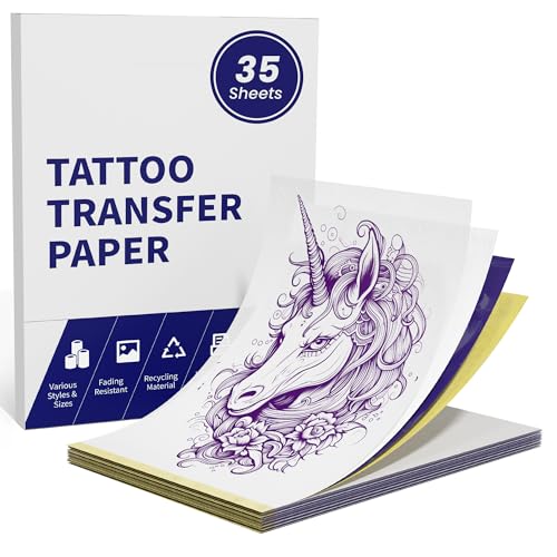 TATTMUSE Tattoo Transfer Paper, 35pcs A4 Size 8.26 x 11.69, Thermal Stencil Paper, 4 Layers Tracing Paper, Compatible with M08FA886A887P90ITP05 Printer & Tattoo Kit Supplies